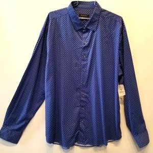 Bugatchi NEW Men's Navy Blue Diamond Long Sleeve Dress Shirt Shaped‎ Size…